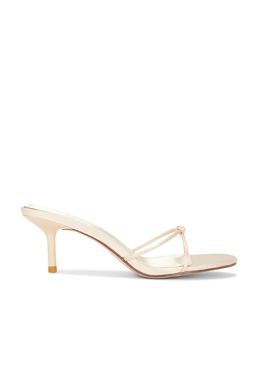 FEMME LA Maeve Slipper in Champagne satin mid heel almond toe slip-on